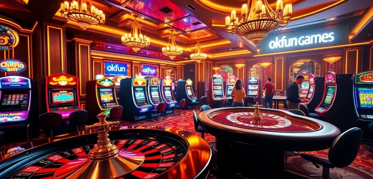An engaging casino scene featuring players enjoying okfun games at roulette and slot machines in a luxurious setting.