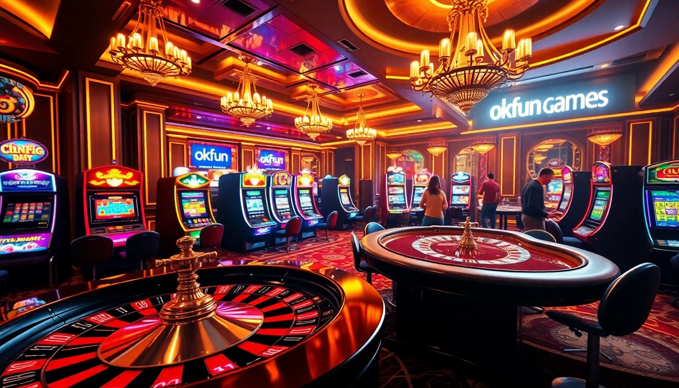 An engaging casino scene featuring players enjoying okfun games at roulette and slot machines in a luxurious setting.
