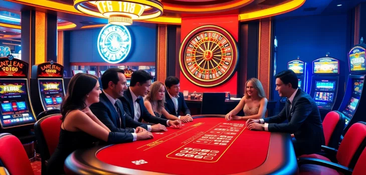 Experience thrilling poker games at F168's elegant casino tables surrounded by vibrant slot machines.