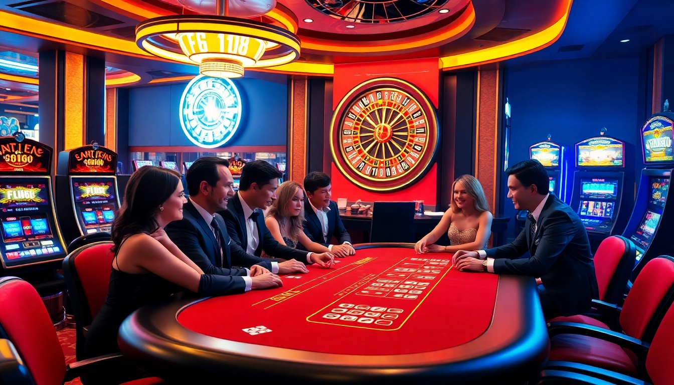 Experience thrilling poker games at F168's elegant casino tables surrounded by vibrant slot machines.
