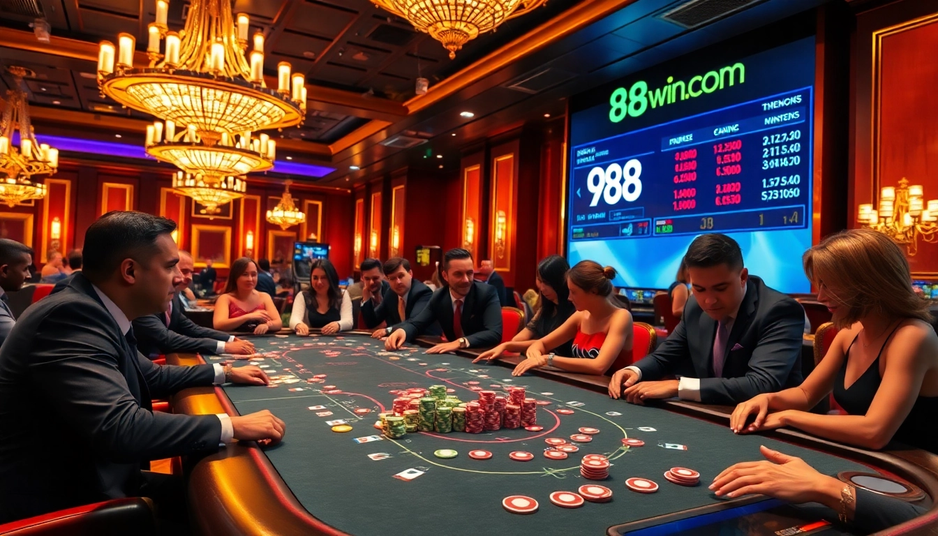 Experience thrilling poker action with 98win.com and vibrant casino ambiance featuring colorful chips and cards.