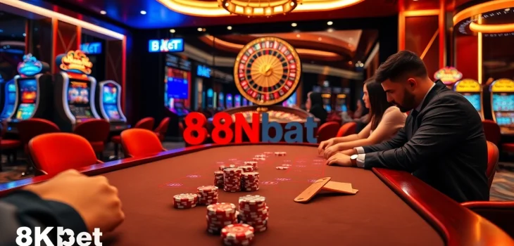 Dynamic gaming action at nhà cái 8kbet featuring high-stakes poker and vibrant casino elements.
