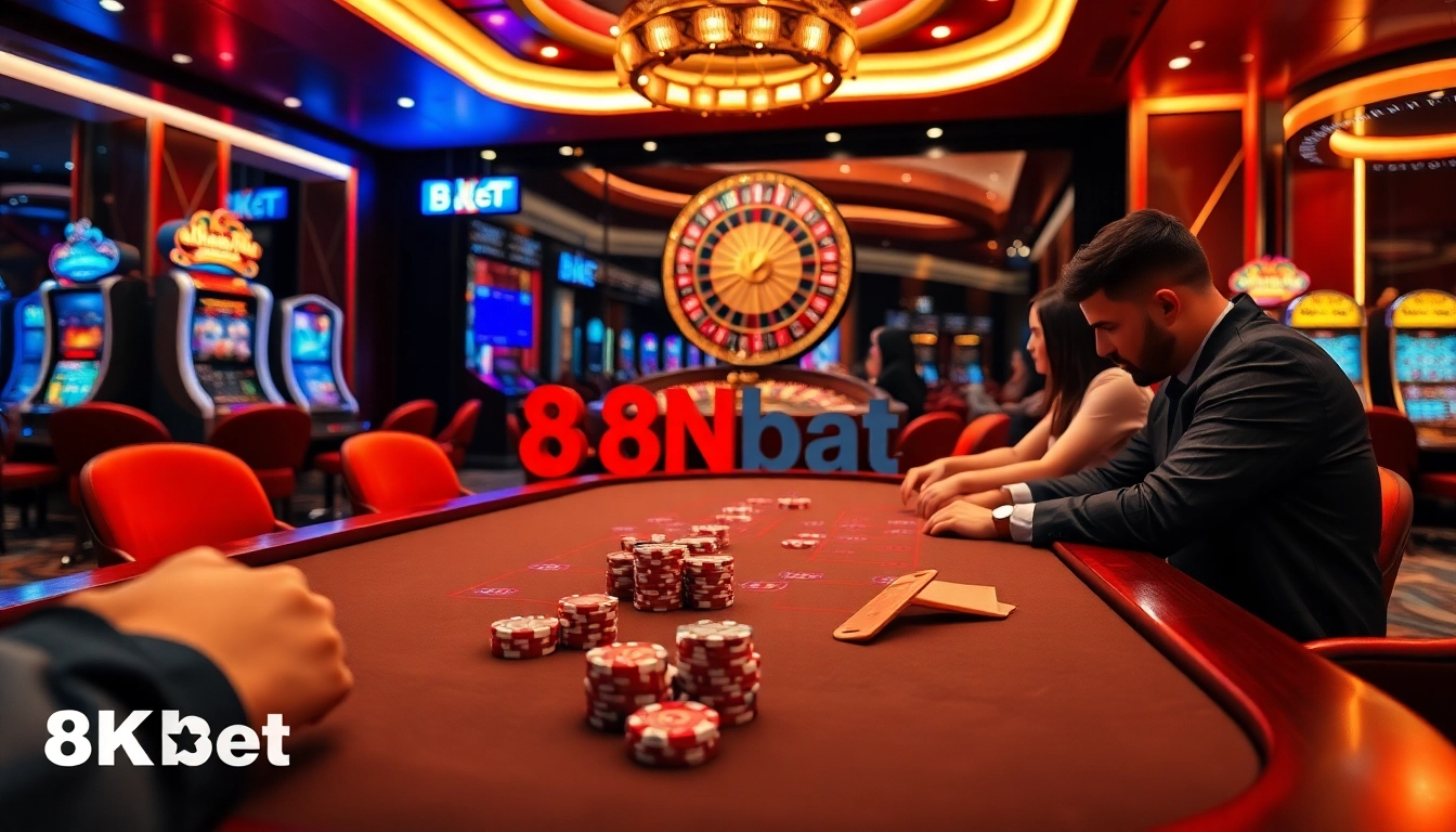 Dynamic gaming action at nhà cái 8kbet featuring high-stakes poker and vibrant casino elements.