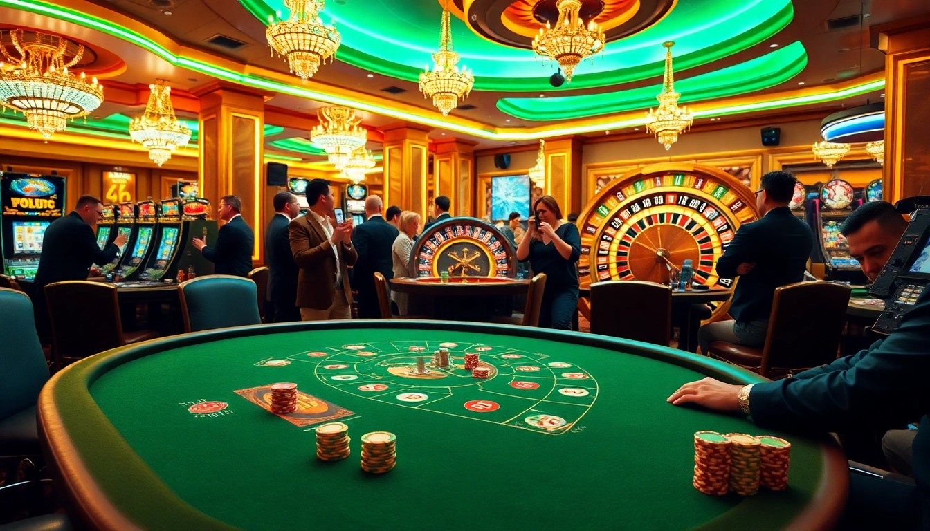 Gamblers strategize at a high-stakes poker table in a luxurious casino atmosphere with http://luckywinn.cn.com/ branding.