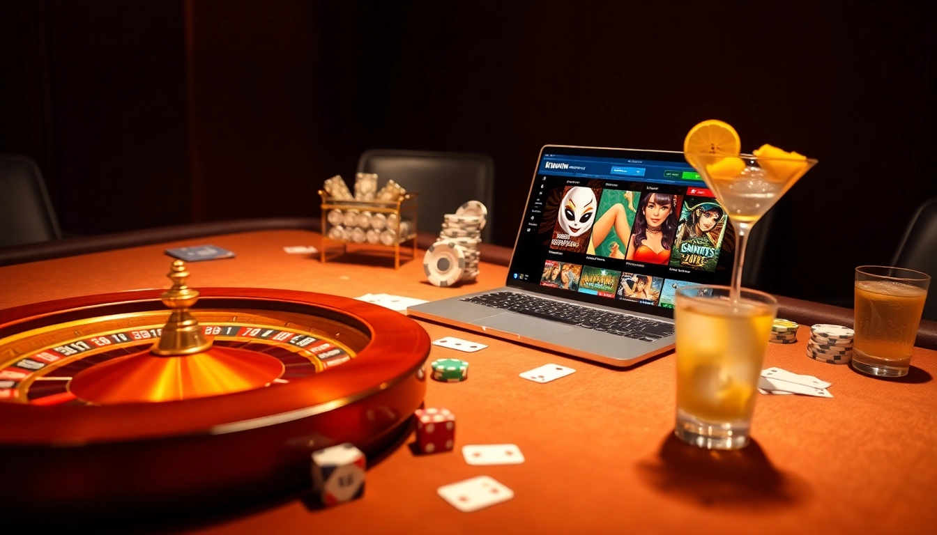 Betting excitement at https://kuwinblog.com/ with vibrant casino visuals, poker chips, and roulette wheel.