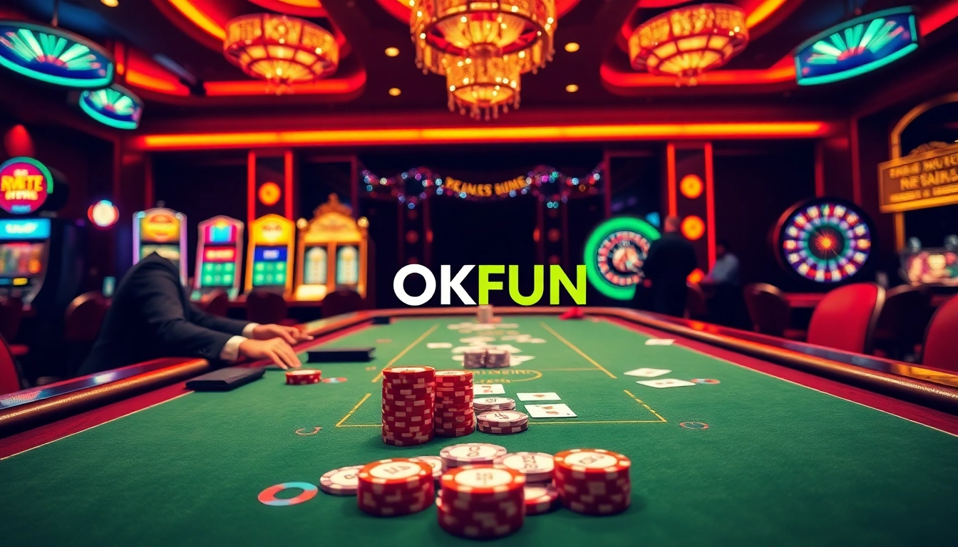 Witness the excitement of OKFUN at a luxurious casino table with poker action.