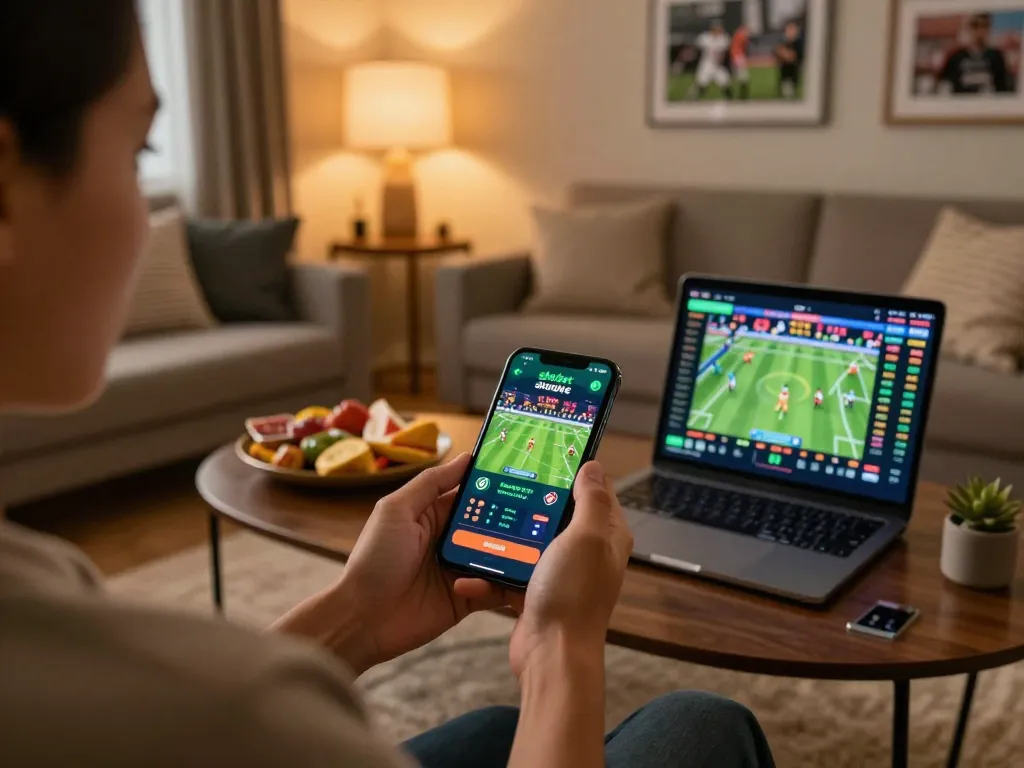 Engaging in sbobet sports betting via mobile app in a cozy living room.