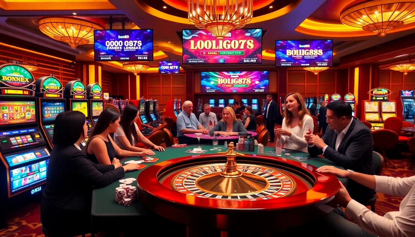 Experience thrilling gameplay at bong88 casino with vibrant tables, spinning roulette, and excited players.