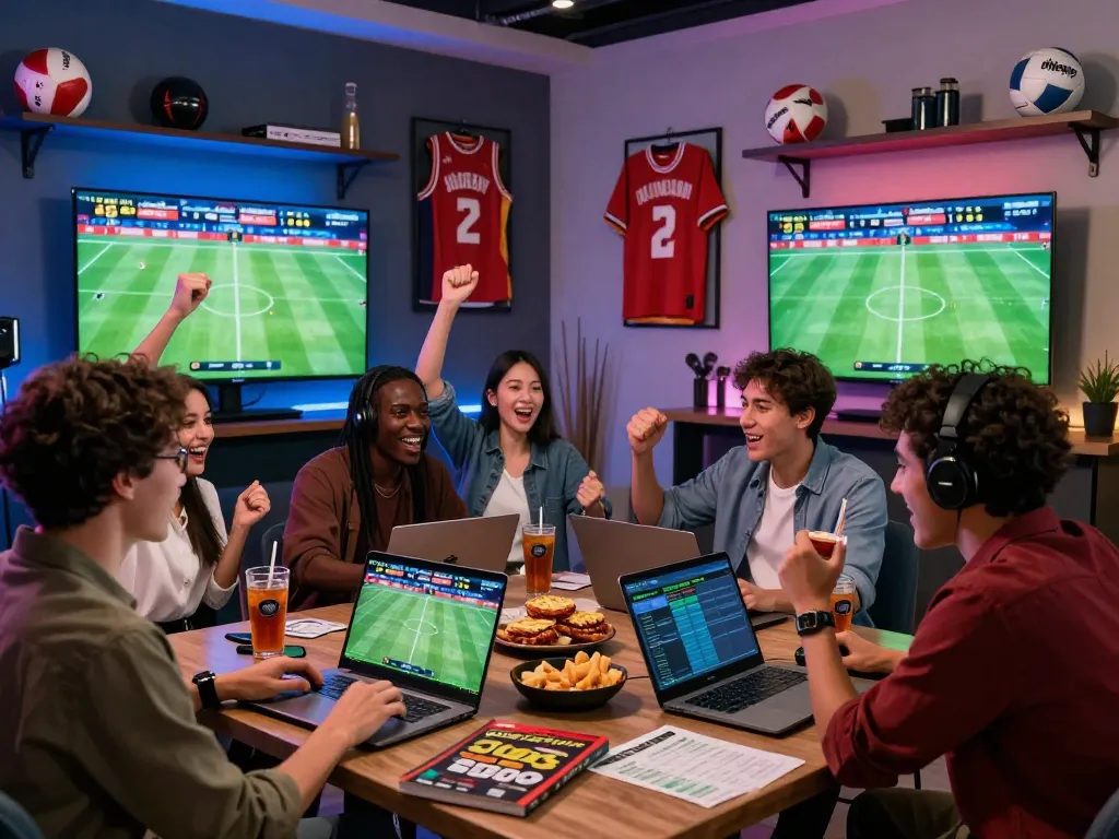 Friends enjoying a dynamic sports betting experience on the rikbet platform at a modern gaming setup.