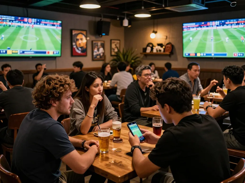 Fans cheering for kết quả bóng đá while watching live updates in a lively sports bar