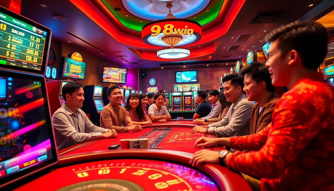 Exciting gaming scene at 98win showcasing players enjoying a vibrant casino atmosphere.
