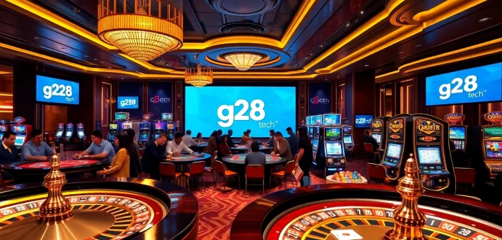 Exciting gambling scene at https://g28.tech/ with casino tables, roulette wheels, and vibrant LED lights.