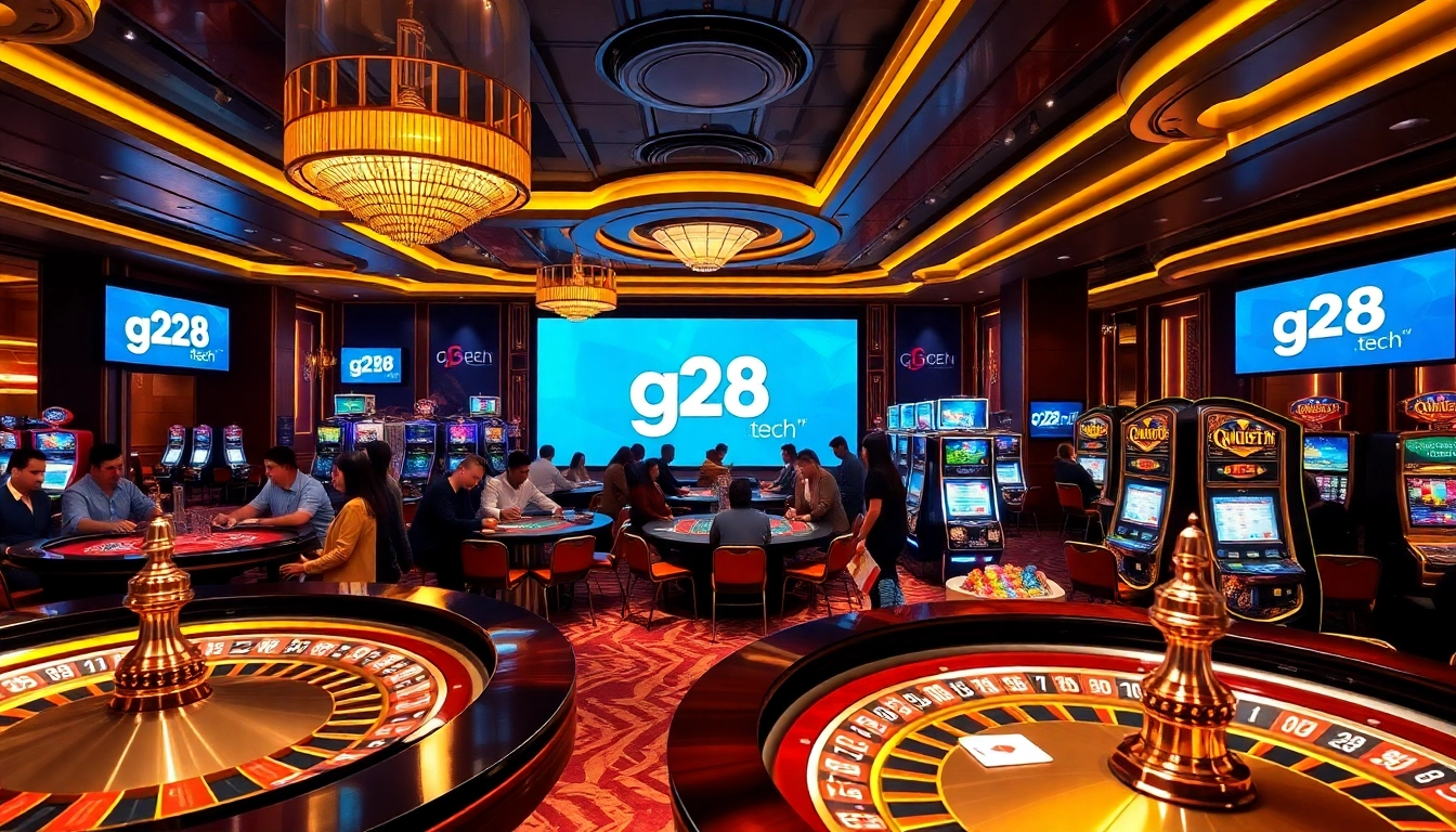Exciting gambling scene at https://g28.tech/ with casino tables, roulette wheels, and vibrant LED lights.