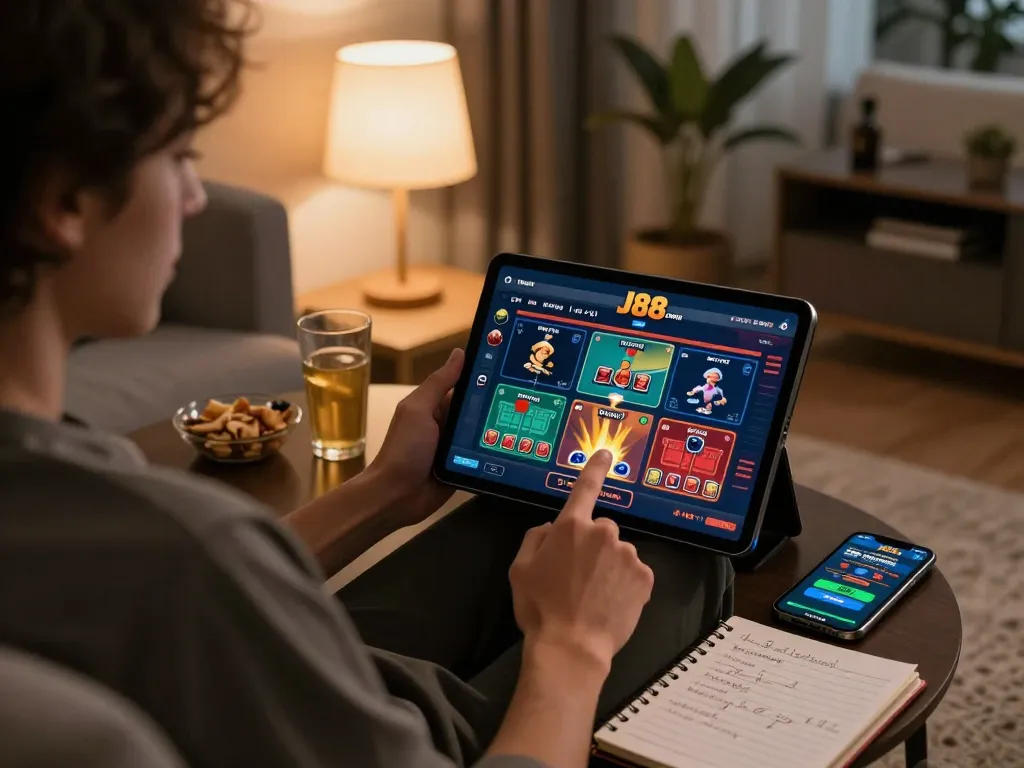 Engaging home gaming scene showcasing J88.com on tablet, emphasizing players' excitement in online casino.