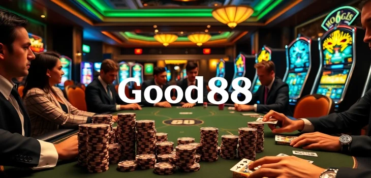 Players enjoying an intense poker game at Good88 casino with vibrant décor and engaging atmosphere.