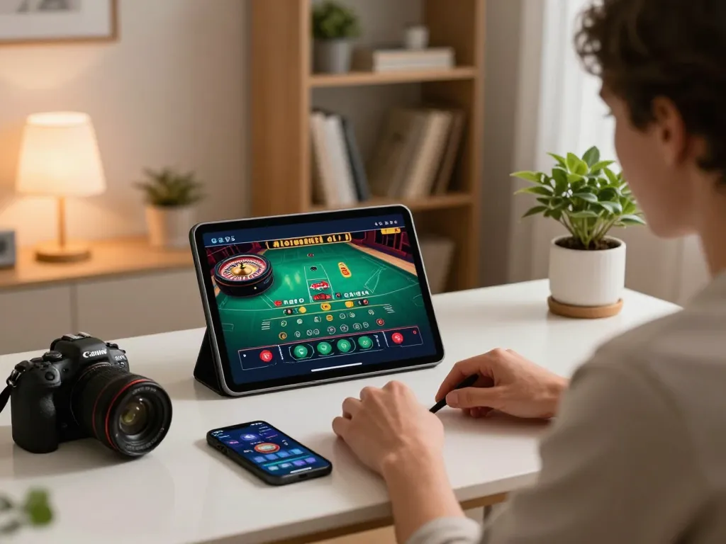 Player interacting with live dealer game on sc88.com, showcasing a vibrant online gambling experience in an elegant home office.