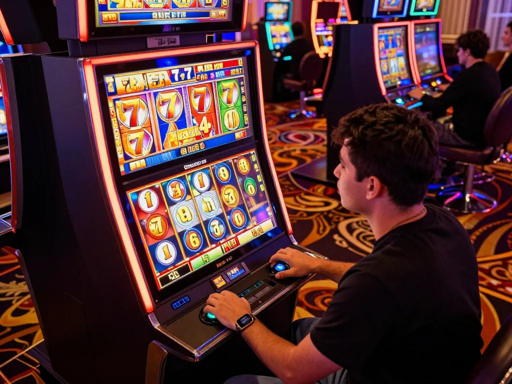 Player at slot gacor 777 machine excitedly engaging with vibrant spinning reels in a lively casino atmosphere.