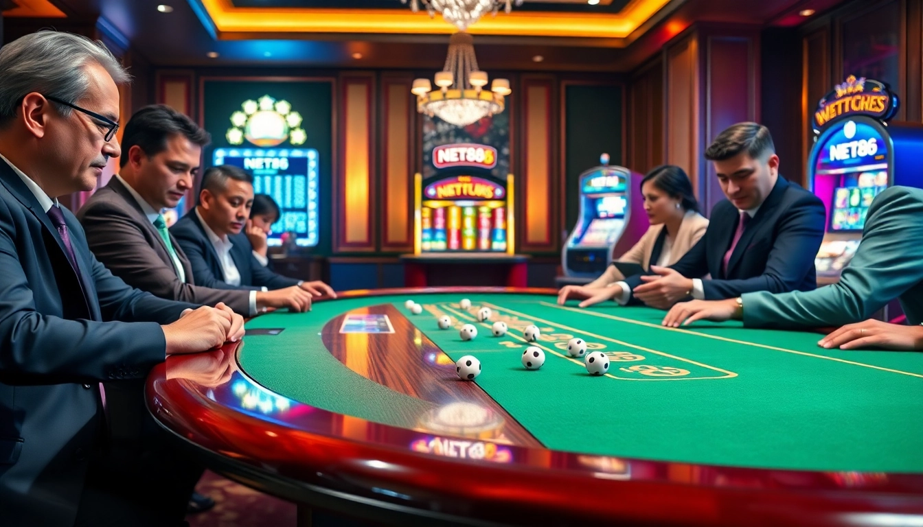 Players strategizing at a NET88 branded poker table in a luxurious casino setting.
