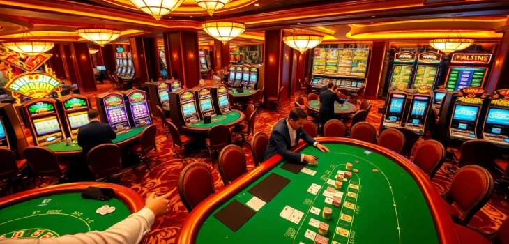 Players enjoying the exciting win678 game at a luxurious casino featuring engaging card tables.