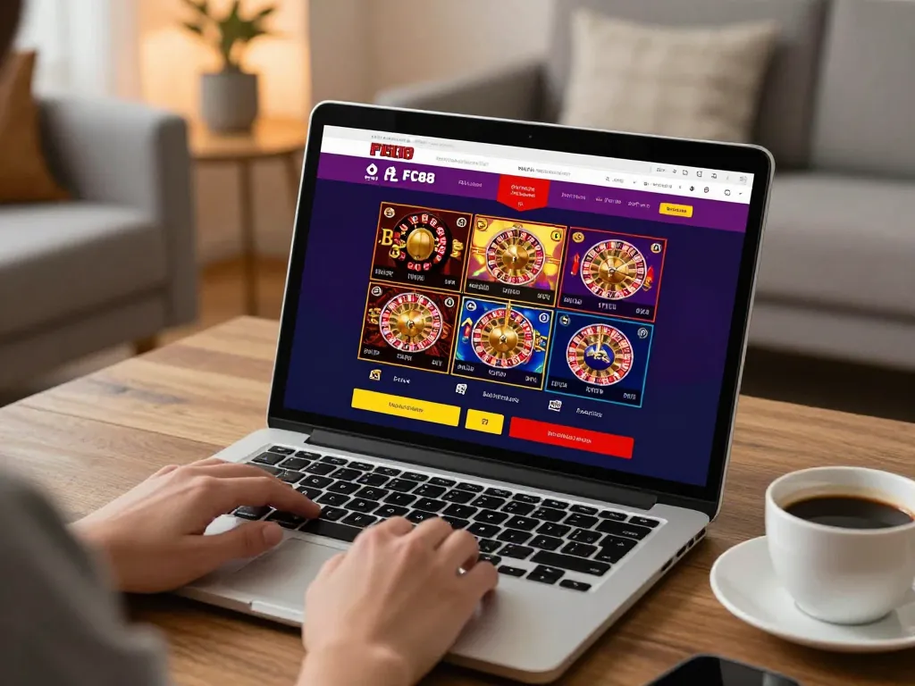 Engaging with the FC88 online casino from home on a laptop, showcasing various games.