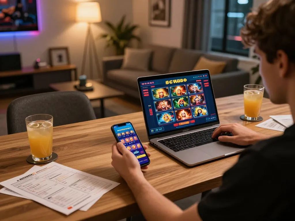 Engaging with SC888 mobile casino app on a stylish gaming setup, dynamic atmosphere.