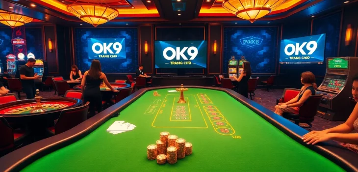 Engaging players enjoying gaming experiences at trang chủ OK9 online casino amid a luxurious atmosphere.