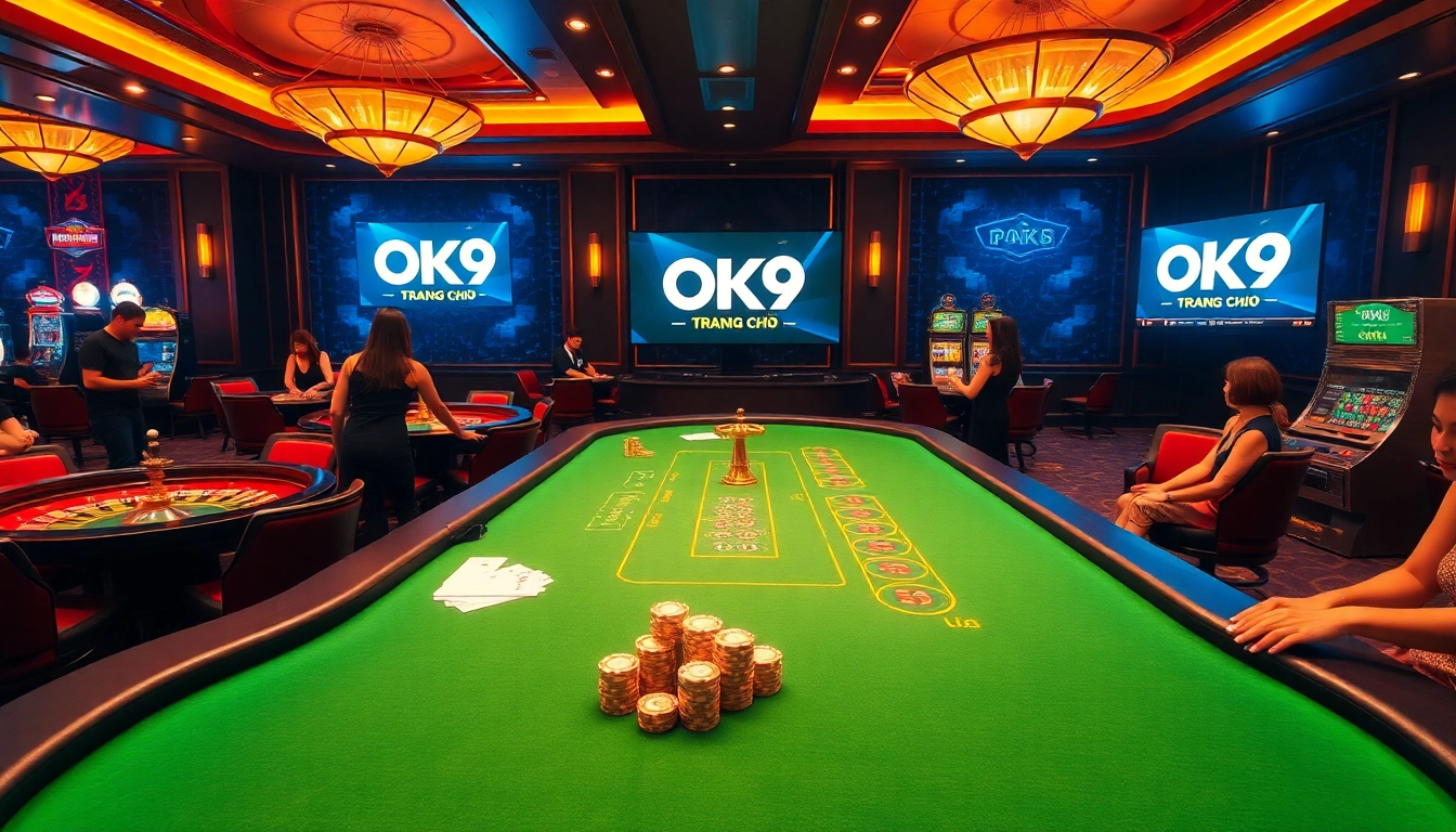 Engaging players enjoying gaming experiences at trang chủ OK9 online casino amid a luxurious atmosphere.