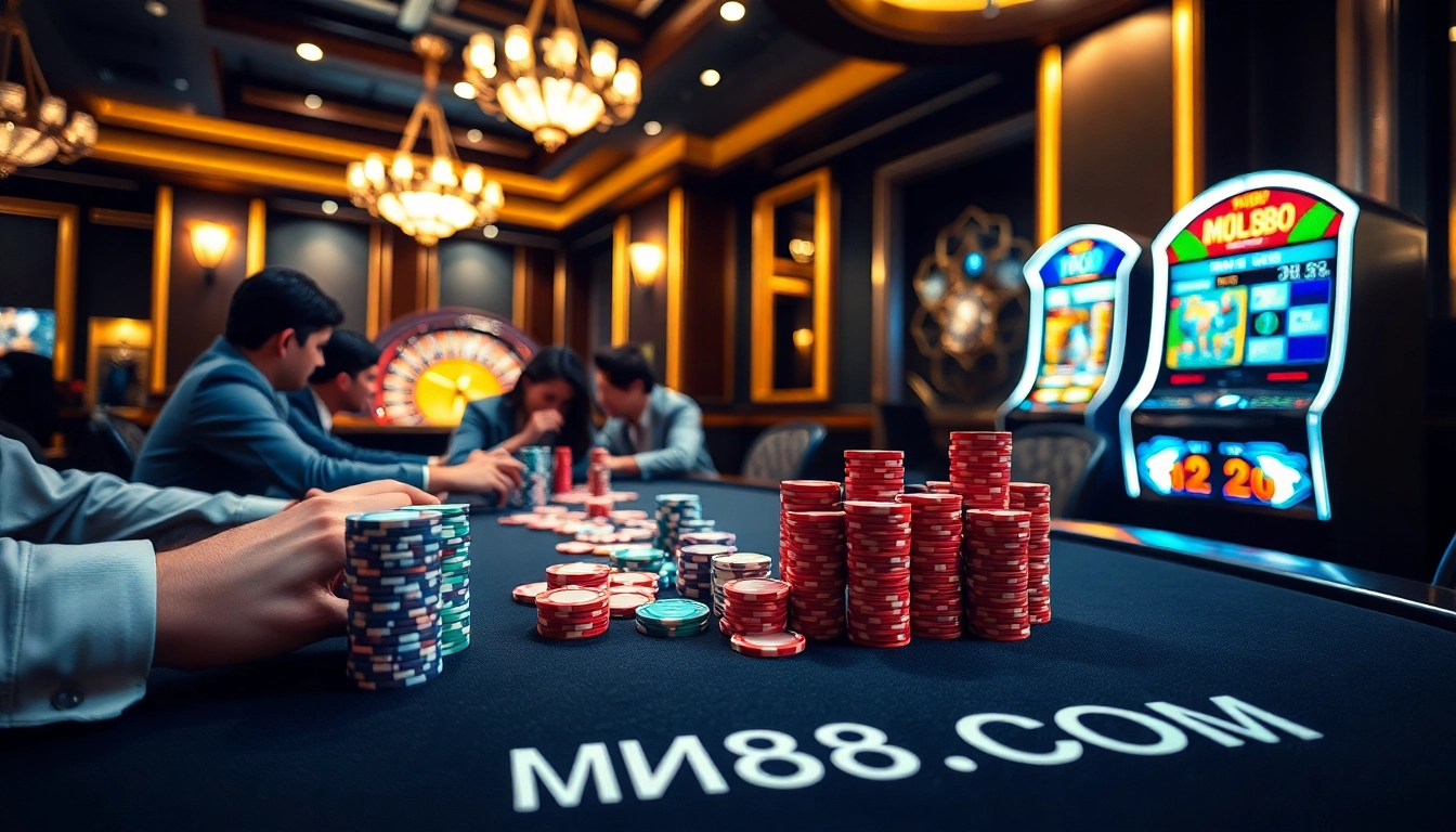 Players strategize at a poker table in an elegant casino setting, highlighting MM88 COM.