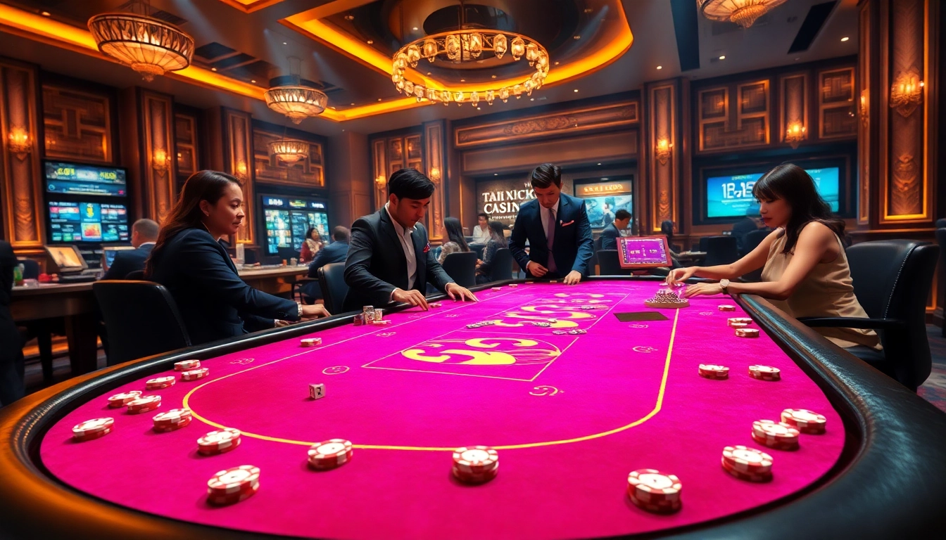 Tài Xỉu MD5 game table with vibrant chips and dice, showcasing an exciting casino atmosphere.