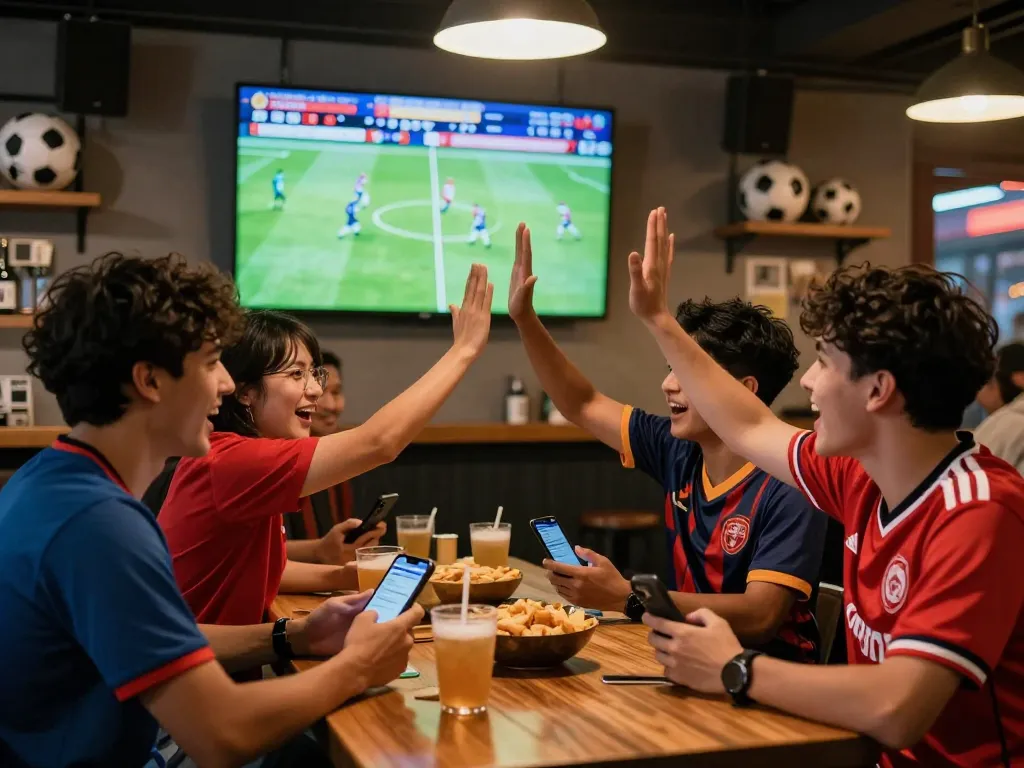 Friends celebrating kèo nhà cái hôm nay at a sports bar, engaging with live football matches and analysis.