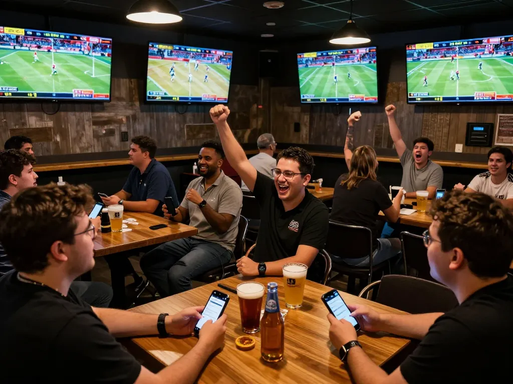 Engaged bettors using Bsport app on smartphones while watching live sports in a lively atmosphere