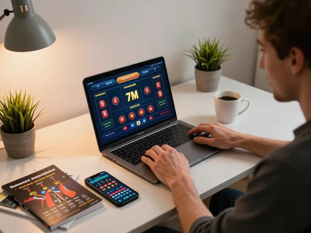 Engaged player using 7M online casino interface for strategic betting at home