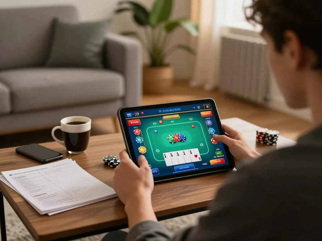 Engaging in online poker on trang chủ dh88 with colorful game interface and strategy notes at home