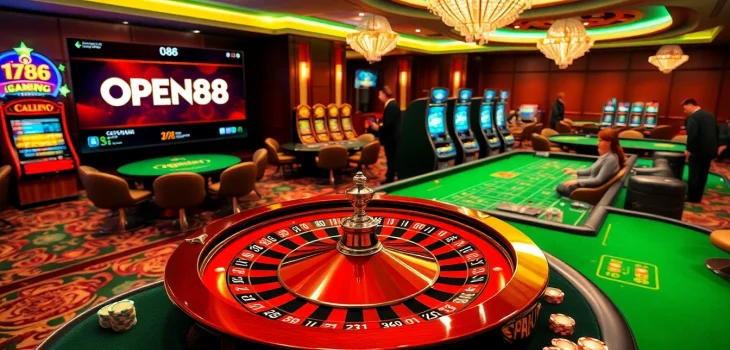 Excited players engage in table games at OPEN88 casino, featuring roulette wheels and poker chips.