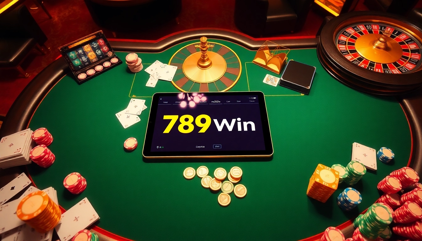 Engage with the thrilling atmosphere of trang chủ 789Win as players strategize at an elegant poker table with vibrant casino elements.