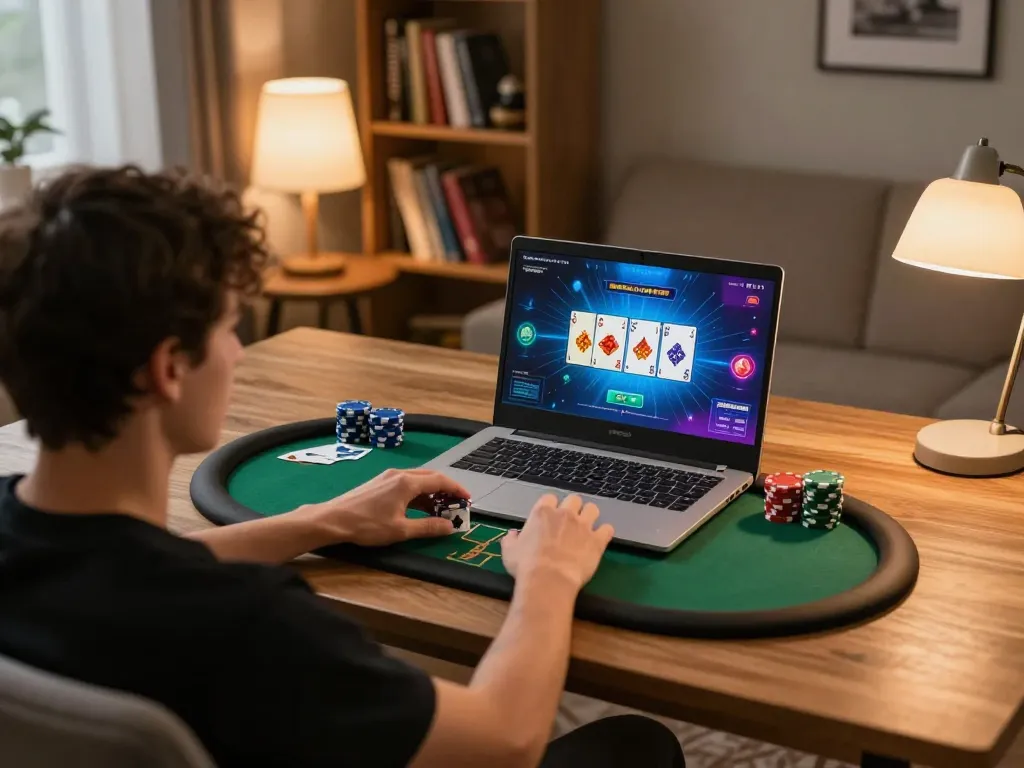 Experience thrilling gaming at https://tip88.locker/ with dynamic poker action on a sleek laptop in a cozy home