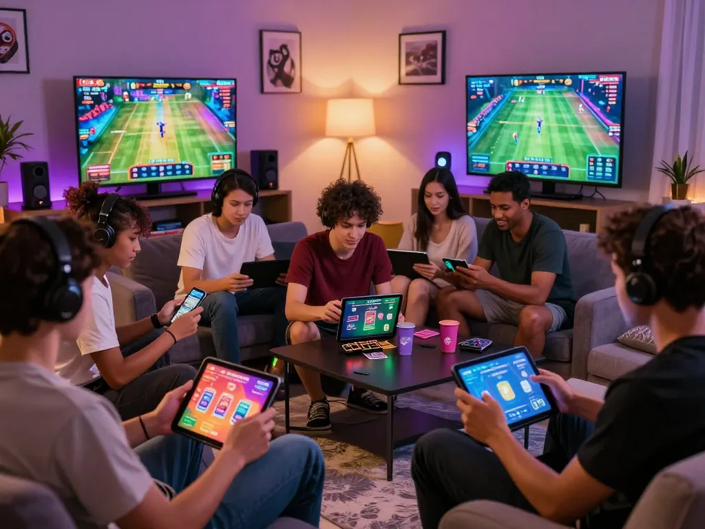 Engaging online gaming scene with players enjoying DA 88's diverse entertainment genres in a cozy living room.