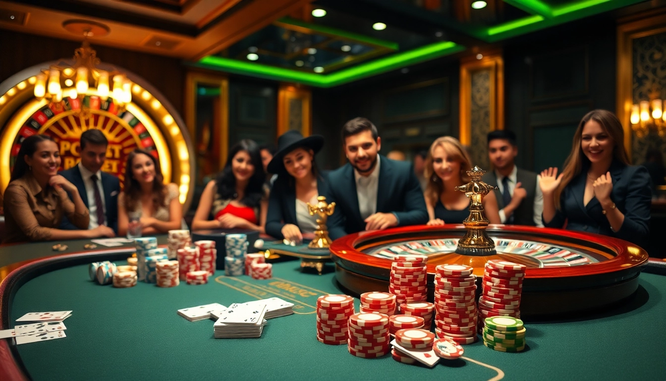 Cheerful gamblers dive into excitement at https://vin88zone.club/, playing cards and chips on luxurious casino tables.