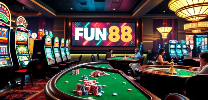 Engage with FUN88’s vibrant casino atmosphere featuring roulette, slots, and poker tables.