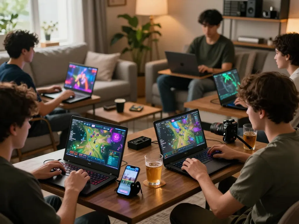 Players enjoying the twin68 app on their devices during a lively home gaming night.