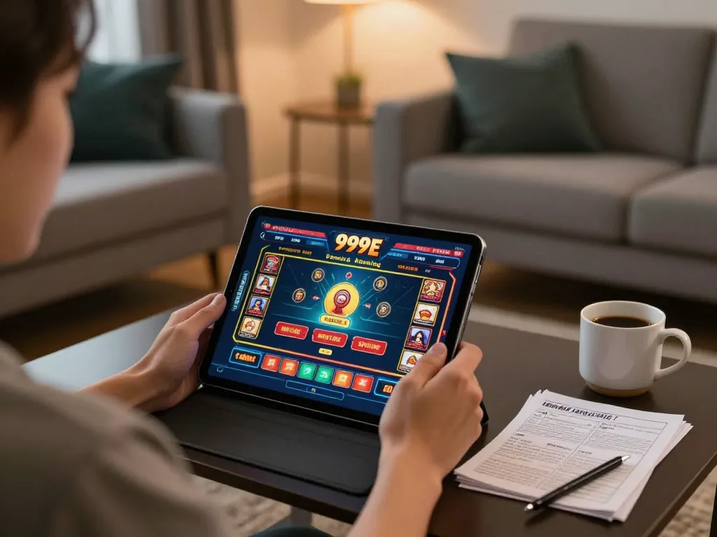 Player engaging in online betting with 999E on tablet, showcasing strategic gameplay and home comfort.