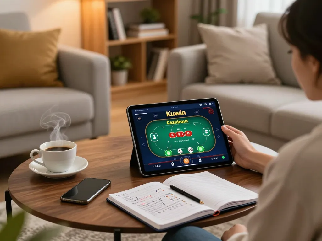 Kuwin mobile gaming enthusiast using a tablet for online poker while taking notes on strategies, cozy home environment.
