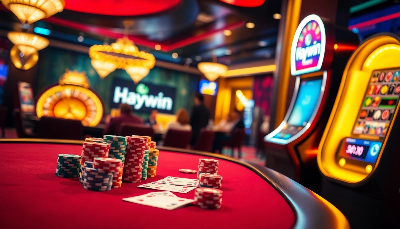 Engage in thrilling gameplay at Haywin's luxurious casino table, filled with poker chips and cards.