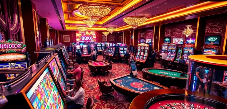 Players enjoy exciting casino games at 88XX, surrounded by vibrant slot machines and classic tables.