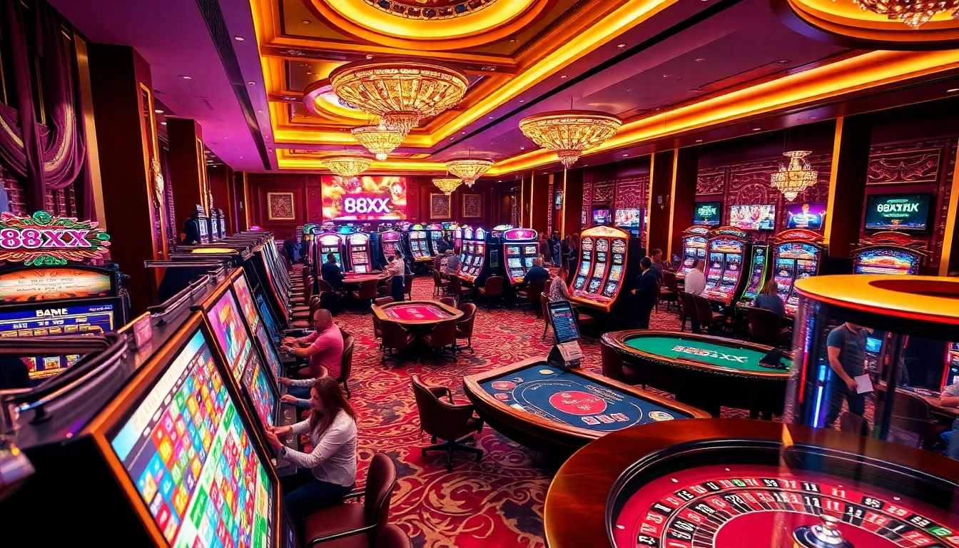 Players enjoy exciting casino games at 88XX, surrounded by vibrant slot machines and classic tables.
