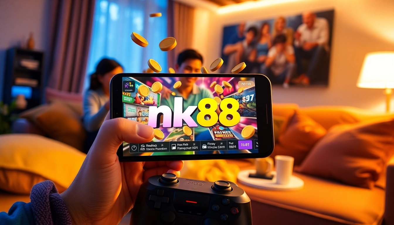 nk88 gaming app displayed on a mobile device in a lively social setting
