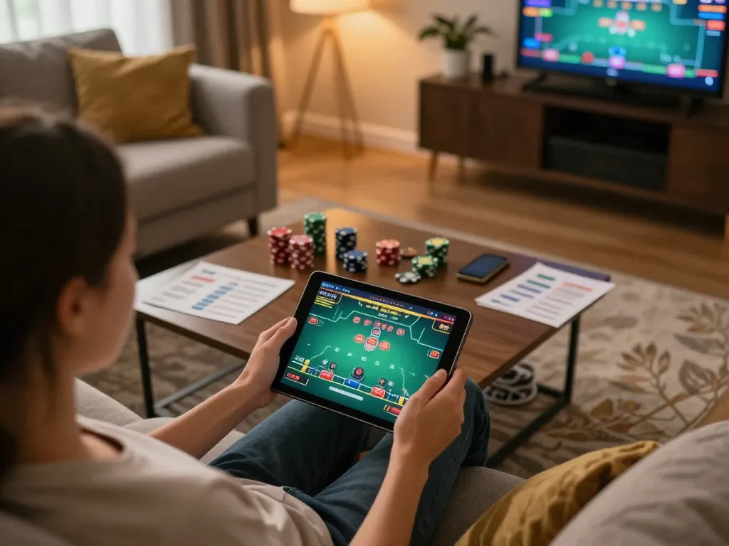Player engages in online poker on a tablet at https://x88.design/ showcasing a strategic gaming session with notes and smartphone visible.