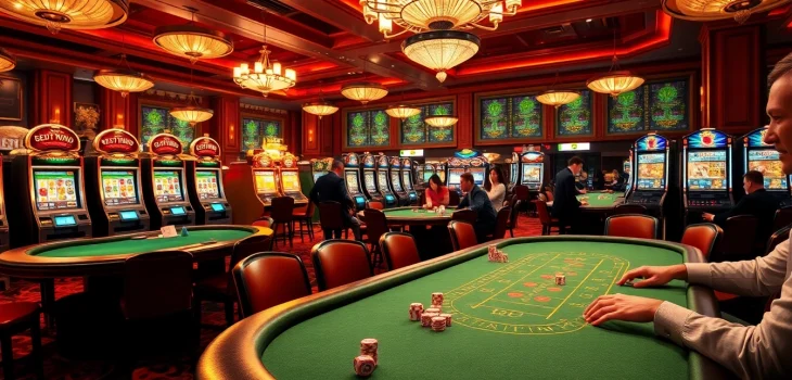 Experience the excitement of kkwin with luxury casino tables and vibrant slot machines.