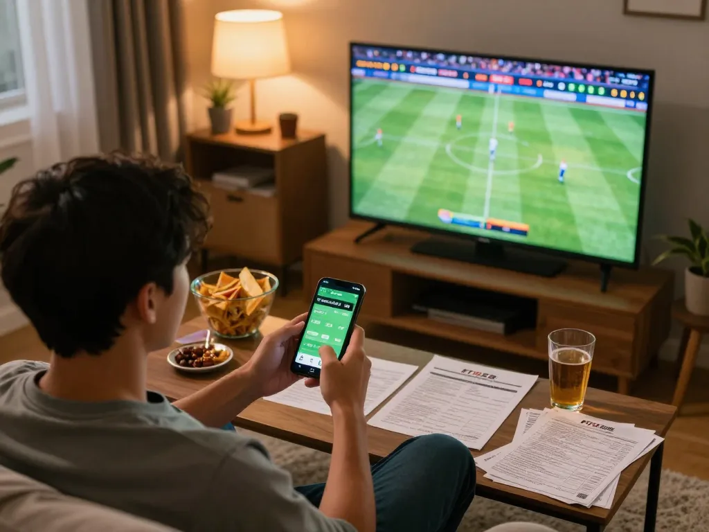 Gambling enthusiast checking kết quả bóng đá on smartphone during live football match, showcasing intense sports betting atmosphere.