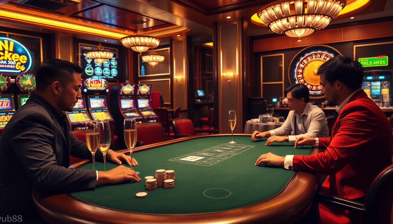 Players at a high-stakes poker table enjoying their experience at Nhà cái PUB88, a premier gambling destination.